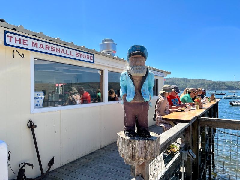 The Marshall Store's outdoor deck and bayfront counter on Tomales Bay
